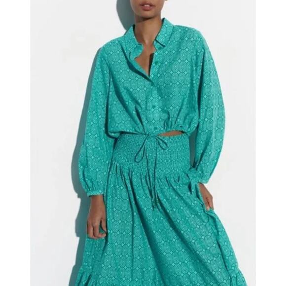 Zara Matching Set Maxi Skirt Crop Blouse XS Blue Green Print Dress 100% Cotton - Picture 5 of 16